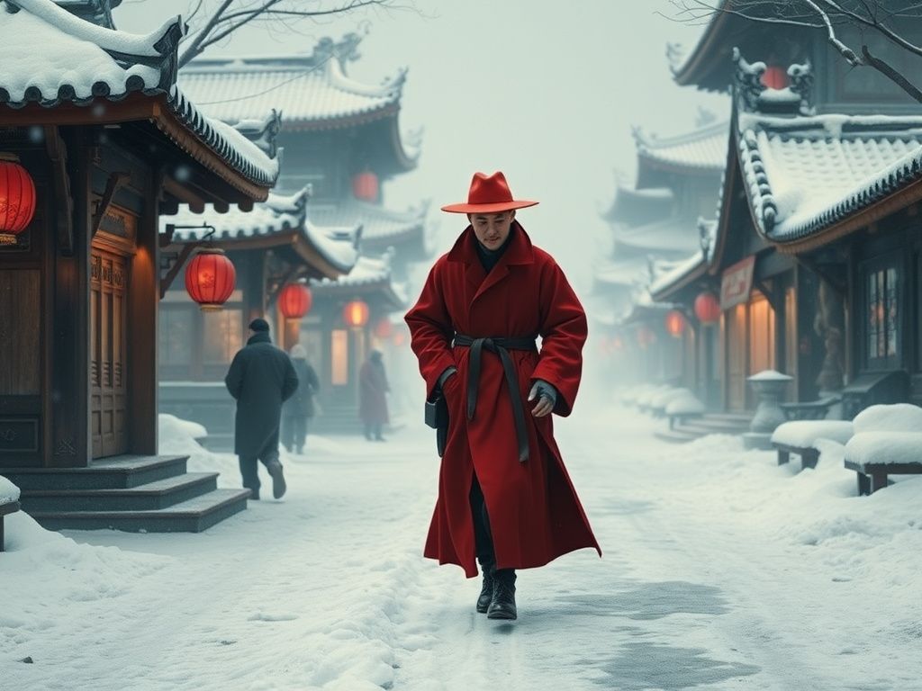 Chinese historical detective in red robes walking through snowy city