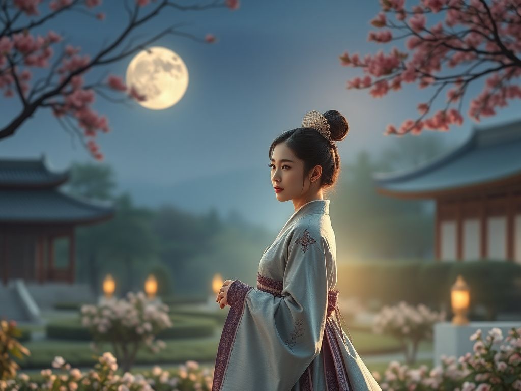 Korean historical heroine in a moonlit royal garden