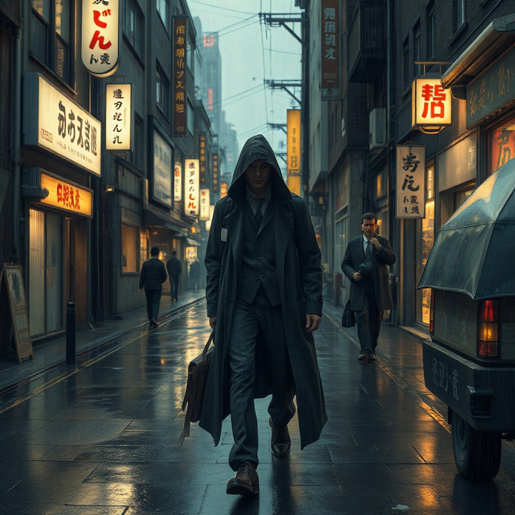 Japanese supernatural detective in a quiet rainy city street