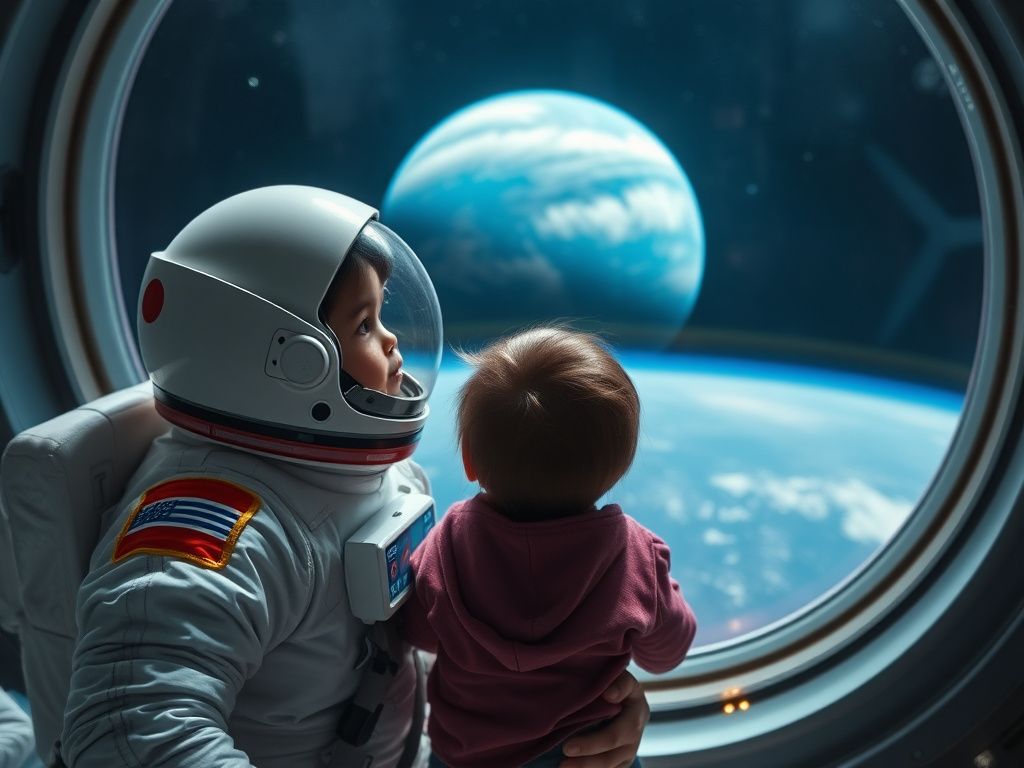 Japanese astronaut and child looking at Earth from a space station