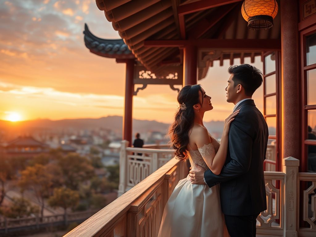 Korean romantic couple on a palace balcony at sunset