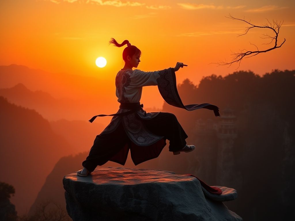 Chinese martial artist on a cliff with golden sunrise