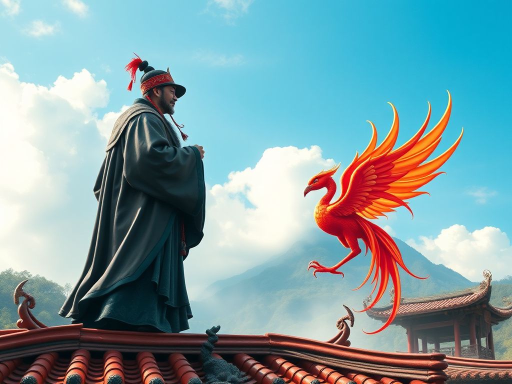 Chinese scholar and phoenix spirit above a red palace roof