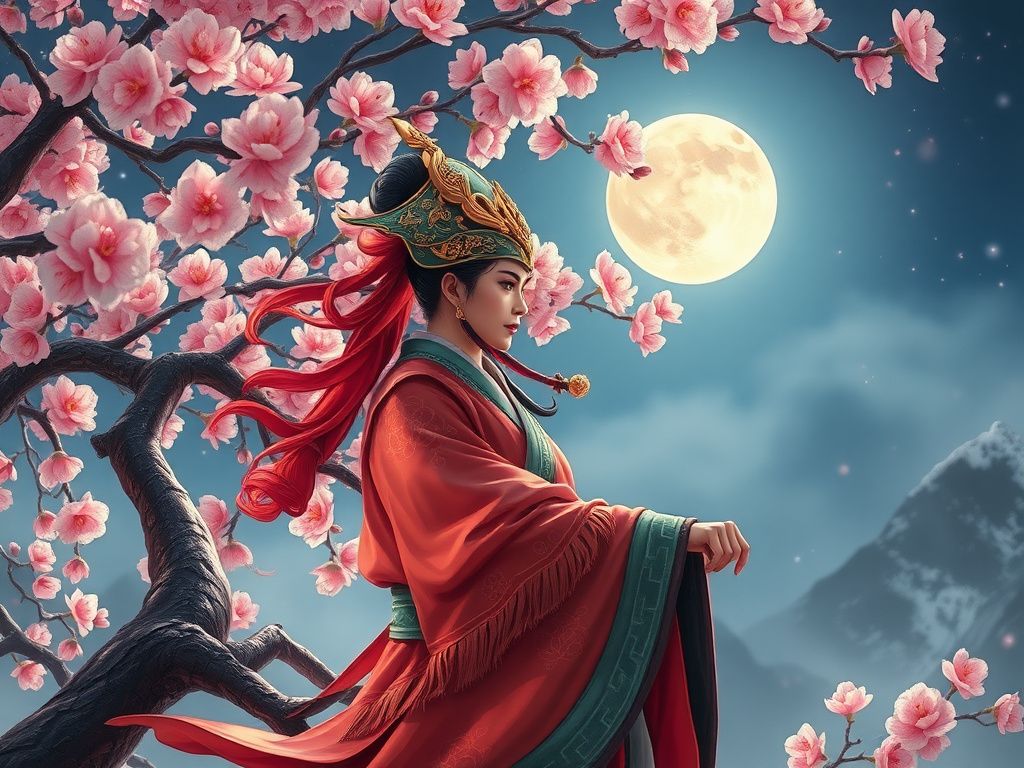 Chinese fantasy warrior beneath a moonlit peach blossom tree